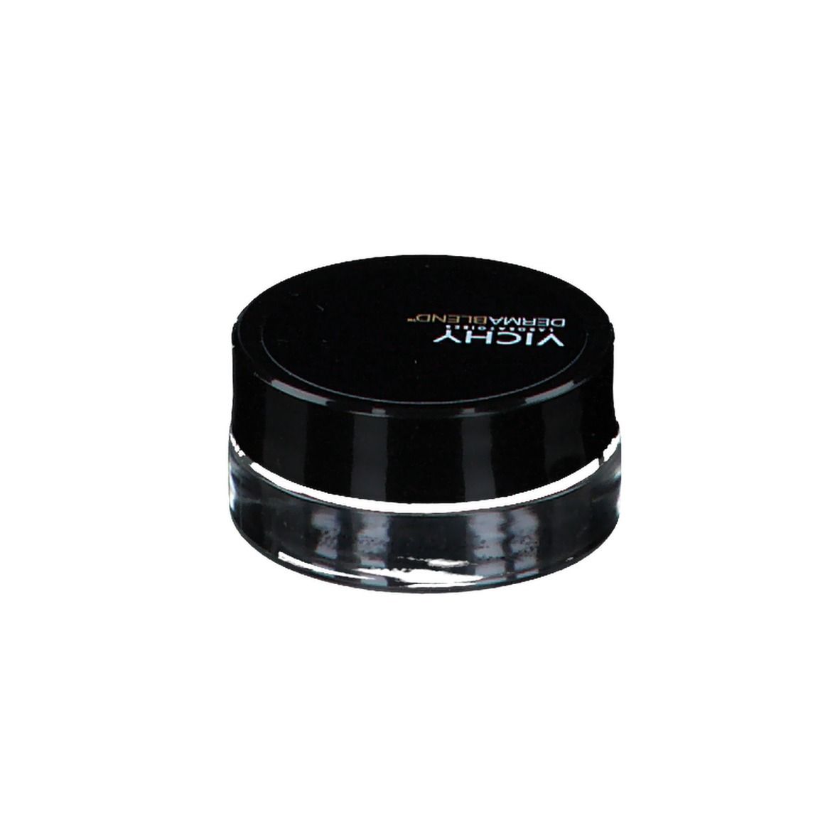 Vasetto chiuso con coperchio nero. VICHY DERMABLEND™ sul coperchio. Prodotto cosmetico.