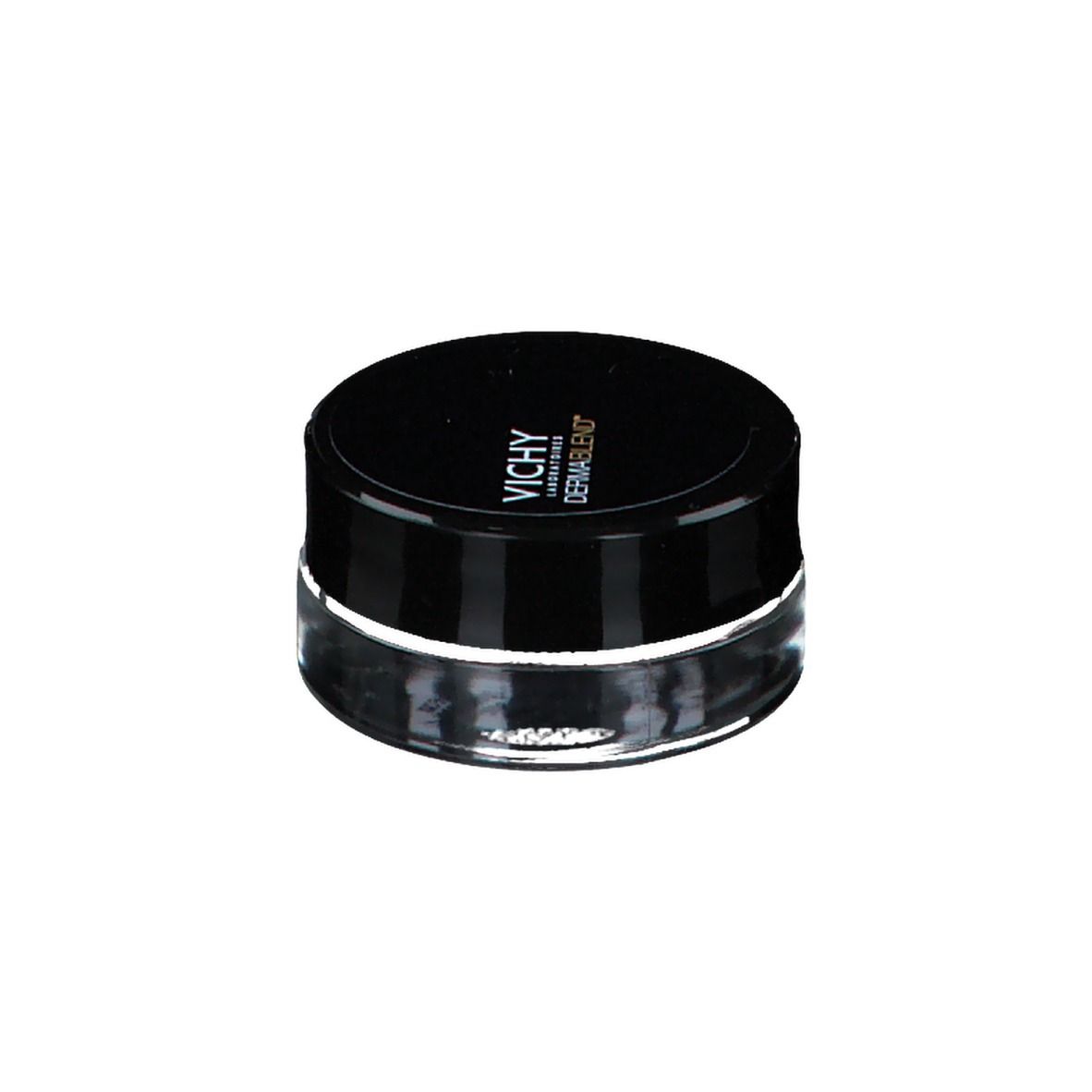 Vasetto chiuso con coperchio nero. VICHY DERMABLEND™ sul coperchio. Prodotto cosmetico.