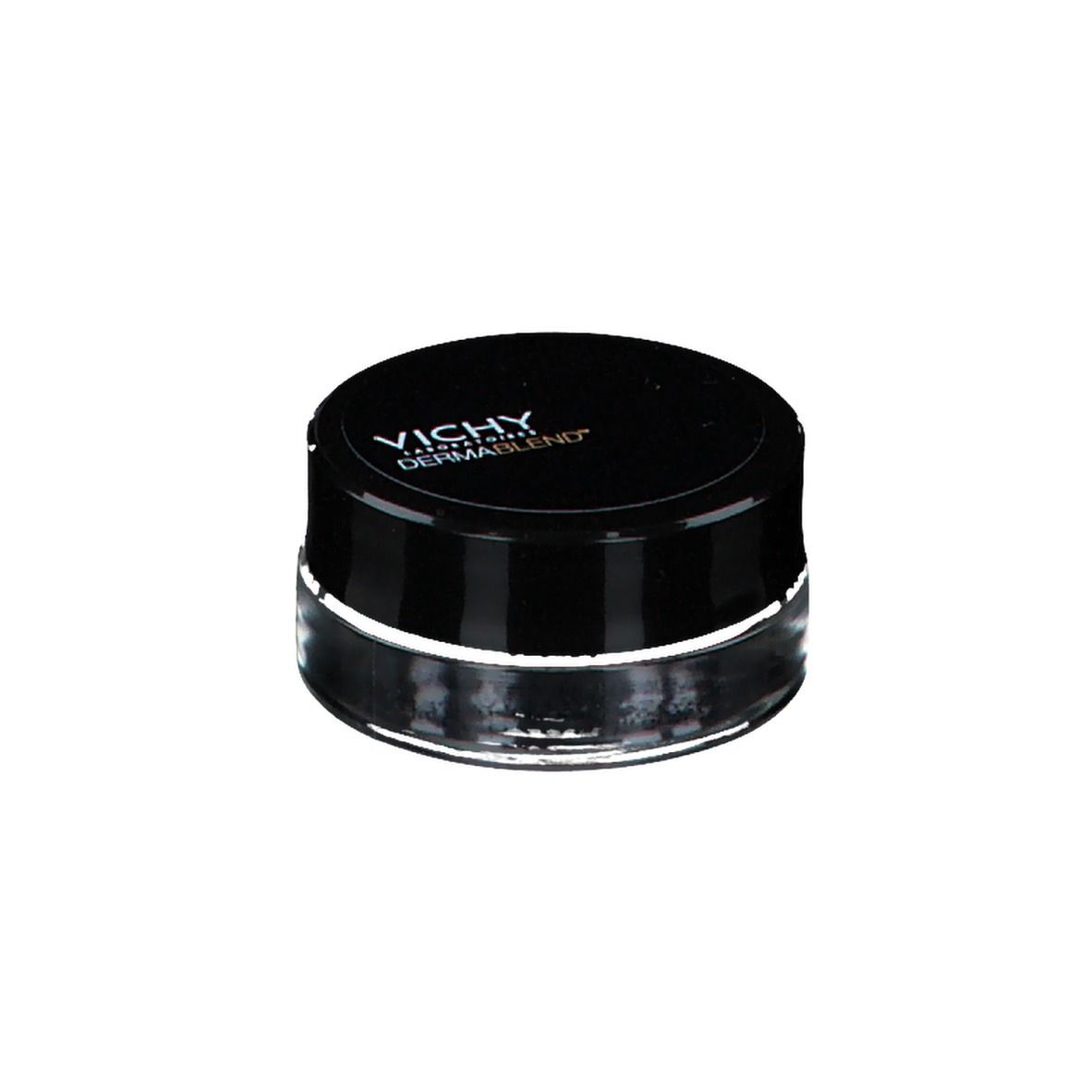 Vasetto chiuso con coperchio nero. VICHY DERMABLEND™ sul coperchio. Prodotto cosmetico.