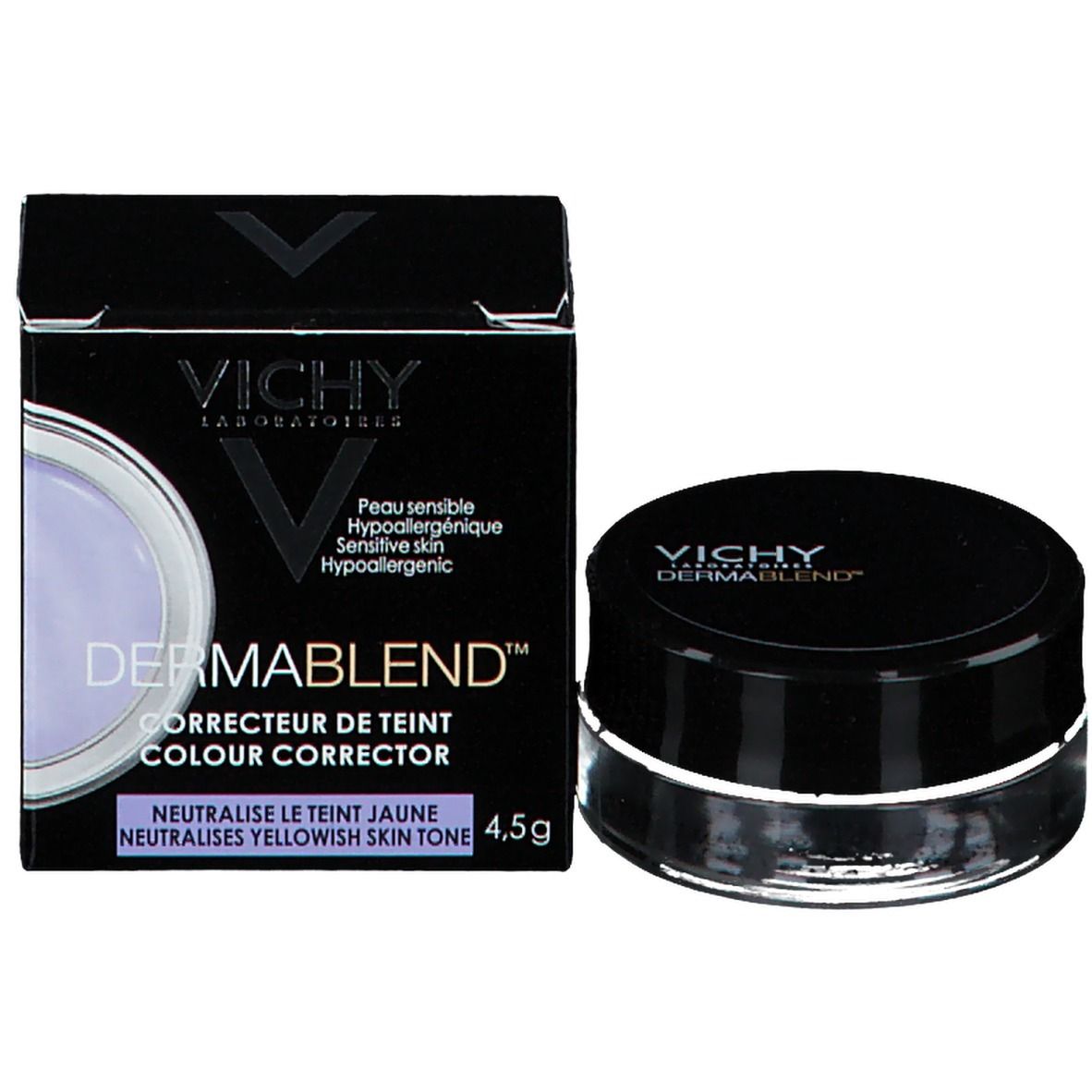 Confezione e vasetto. VICHY DERMABLEND™ e informazioni prodotto. 4,5g.