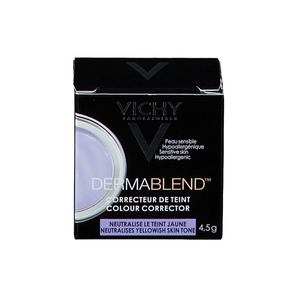Confezione e vasetto. VICHY DERMABLEND™ e informazioni prodotto. 4,5g.