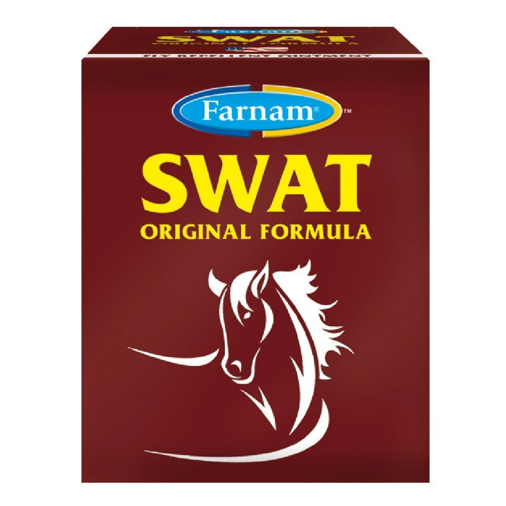 Scatola marrone con testo giallo: SWAT Original Formula. Marchio Farnam. Illustrazione testa di cavallo.