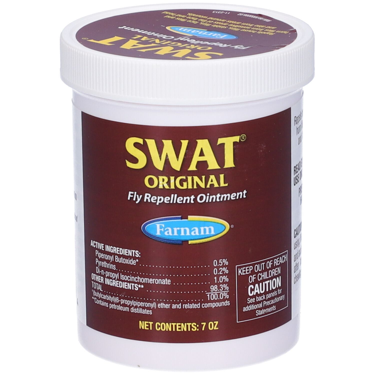 Contenitore bianco con etichetta marrone. SWAT Original Fly Repellent Ointment. Marchio Farnam. Ingredienti.