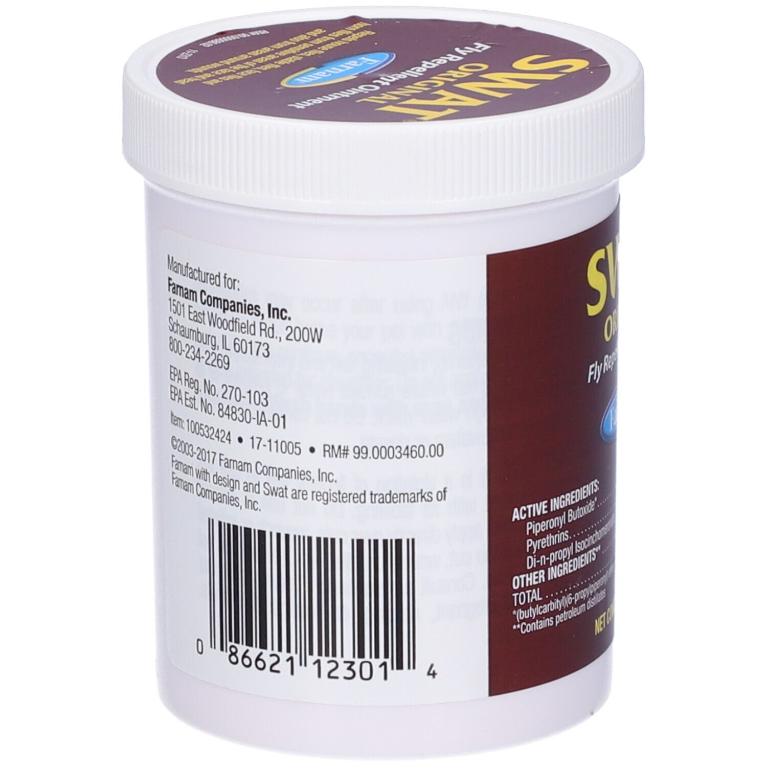 Contenitore bianco con etichetta marrone. SWAT Original Fly Repellent Ointment. Marchio Farnam. Codice a barre e informazioni produttore.