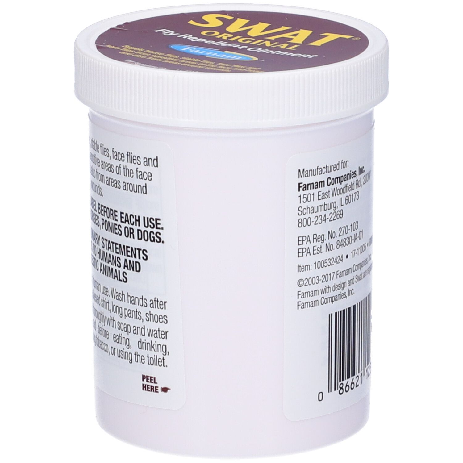 Contenitore bianco con etichetta marrone. SWAT Original Fly Repellent Ointment. Marchio Farnam. Avvertenze e uso.