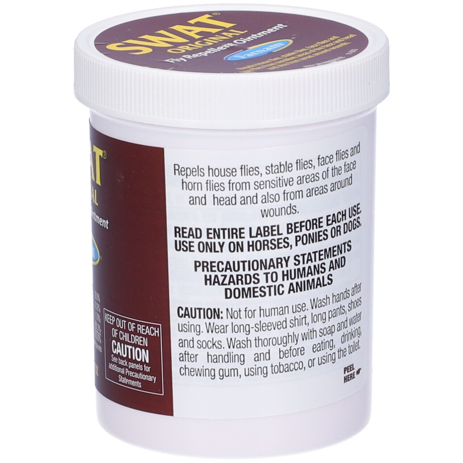 Contenitore bianco con etichetta marrone. SWAT Original Fly Repellent Ointment. Marchio Farnam. Avvertenze e uso.