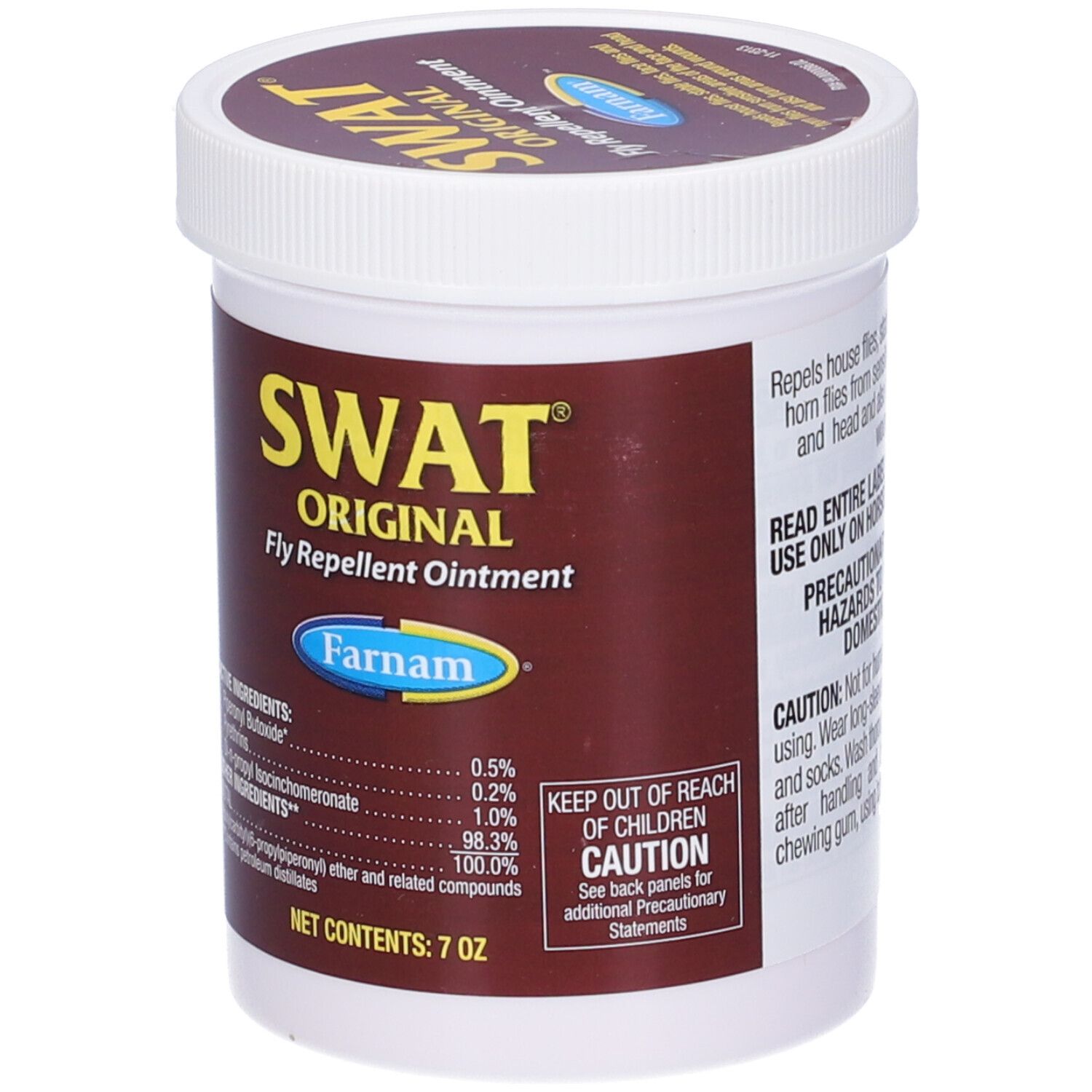 Contenitore bianco con etichetta marrone. SWAT Original Fly Repellent Ointment. Marchio Farnam. Ingredienti e avvertenze.