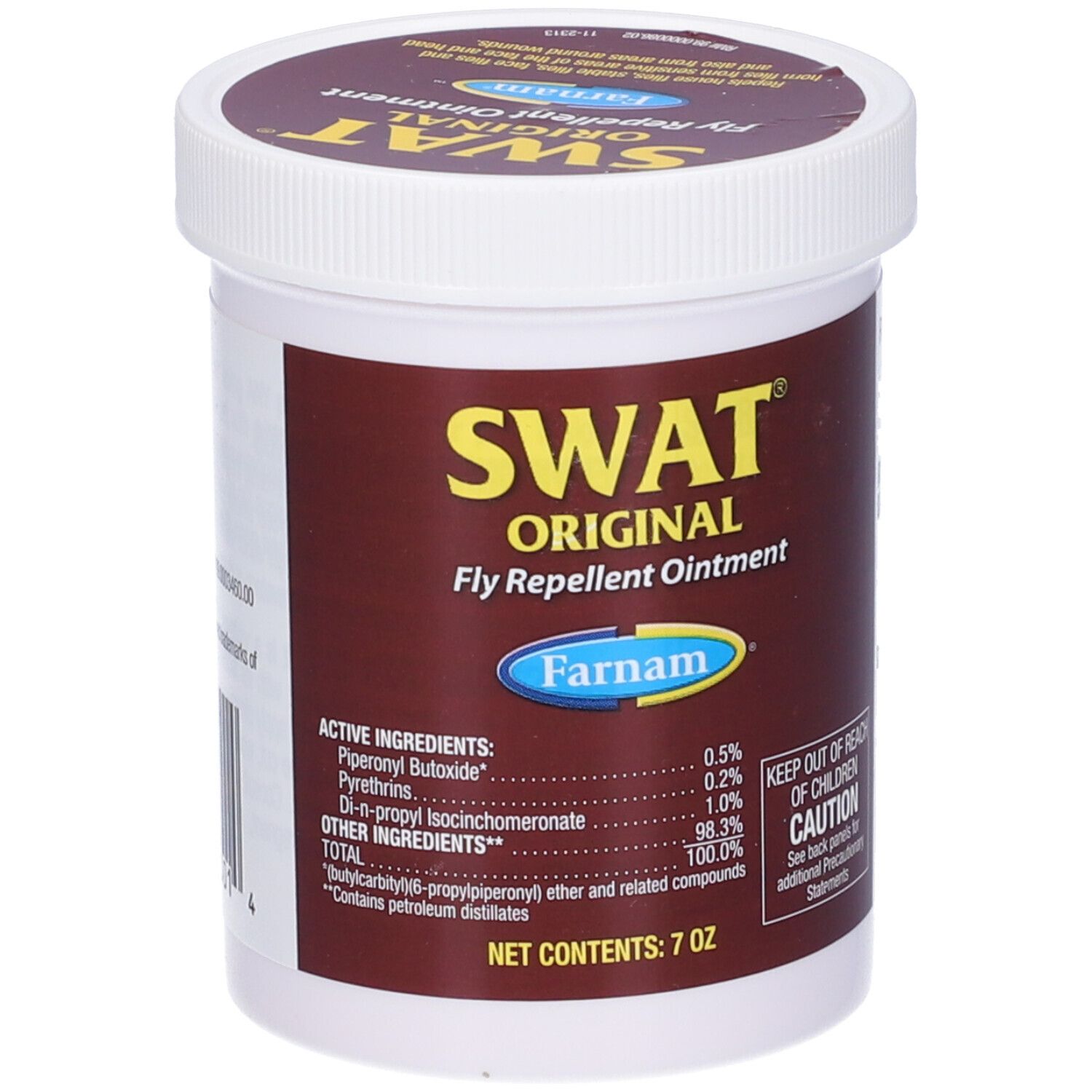 Contenitore bianco con etichetta marrone. SWAT Original Fly Repellent Ointment. Marchio Farnam. Ingredienti e avvertenze.