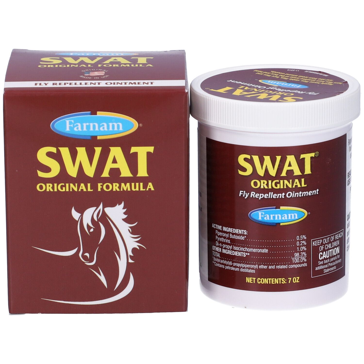 Confezione del prodotto: barattolo e scatola. SWAT Original Fly Repellent Ointment. Marchio Farnam. Ingredienti.