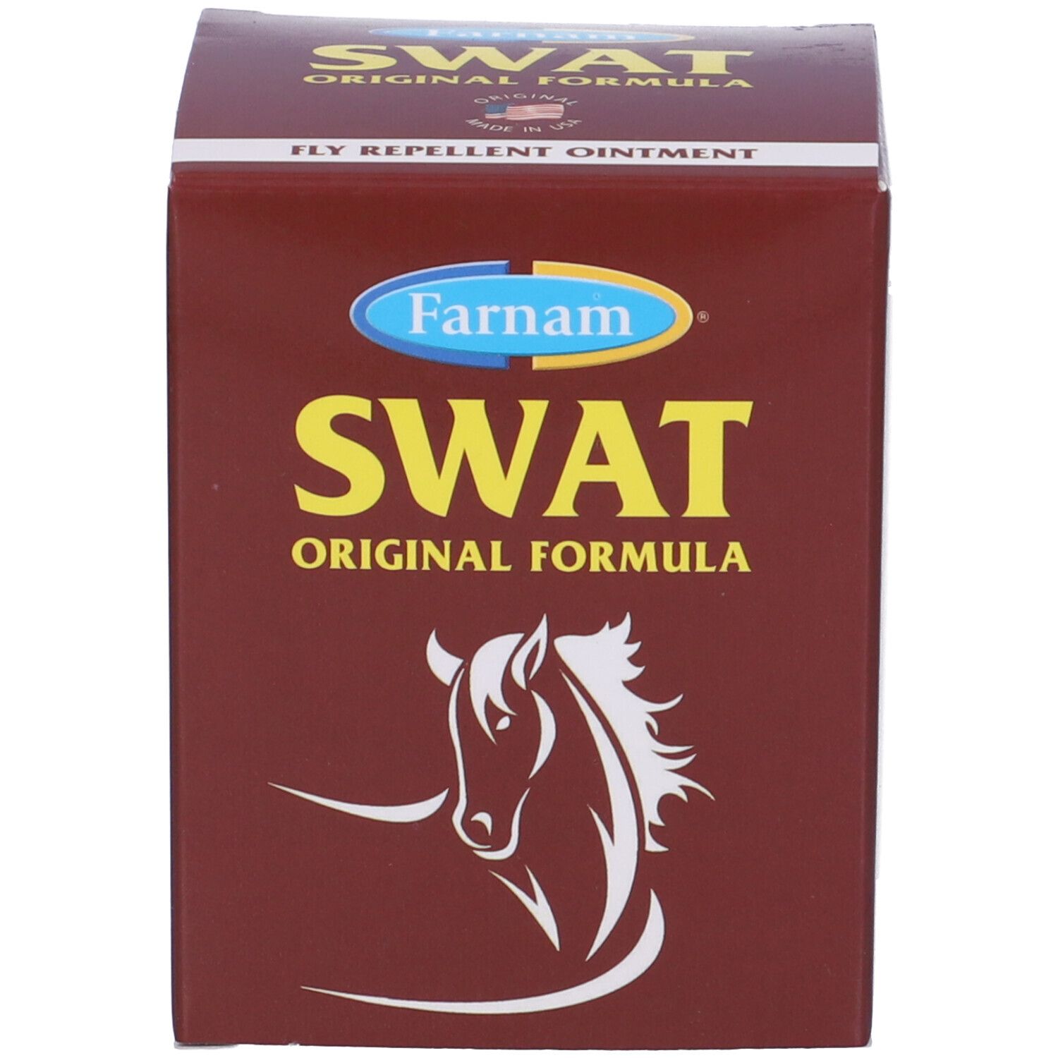 Scatola marrone con testo giallo: SWAT Original Formula. Marchio Farnam. Illustrazione testa di cavallo.