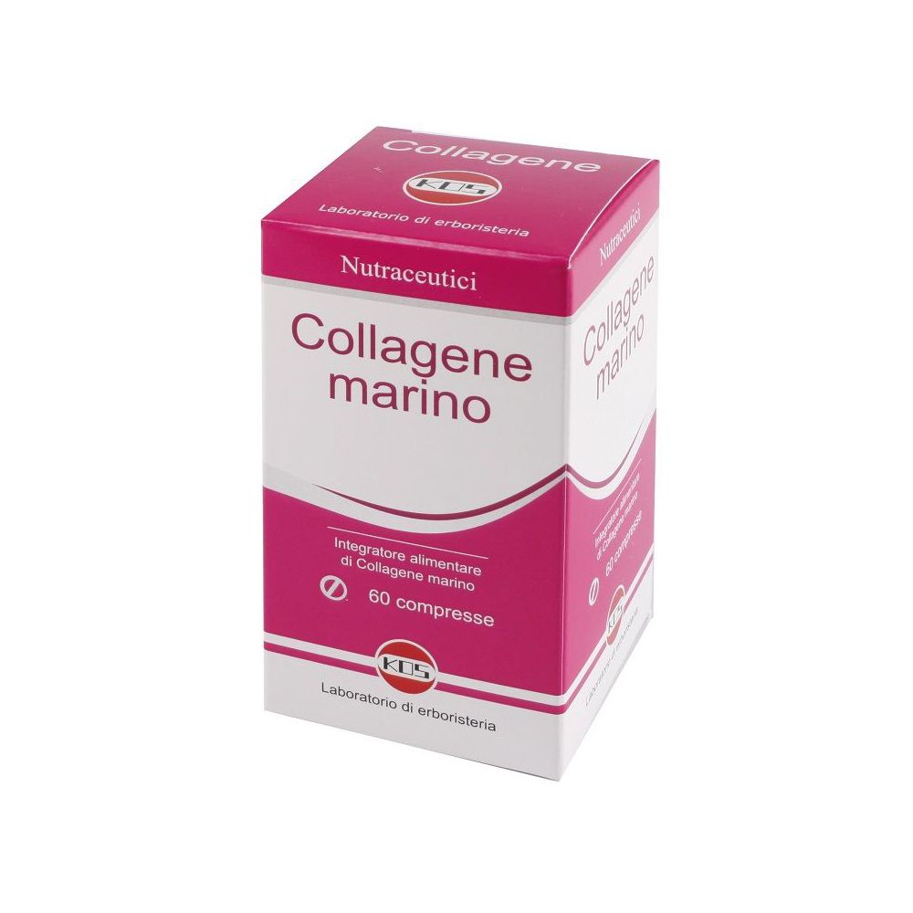 Karton mit 'Collagen marino' Tabletten. Rosa-weiße Verpackung, 60 Tabletten. KOS-Logo.