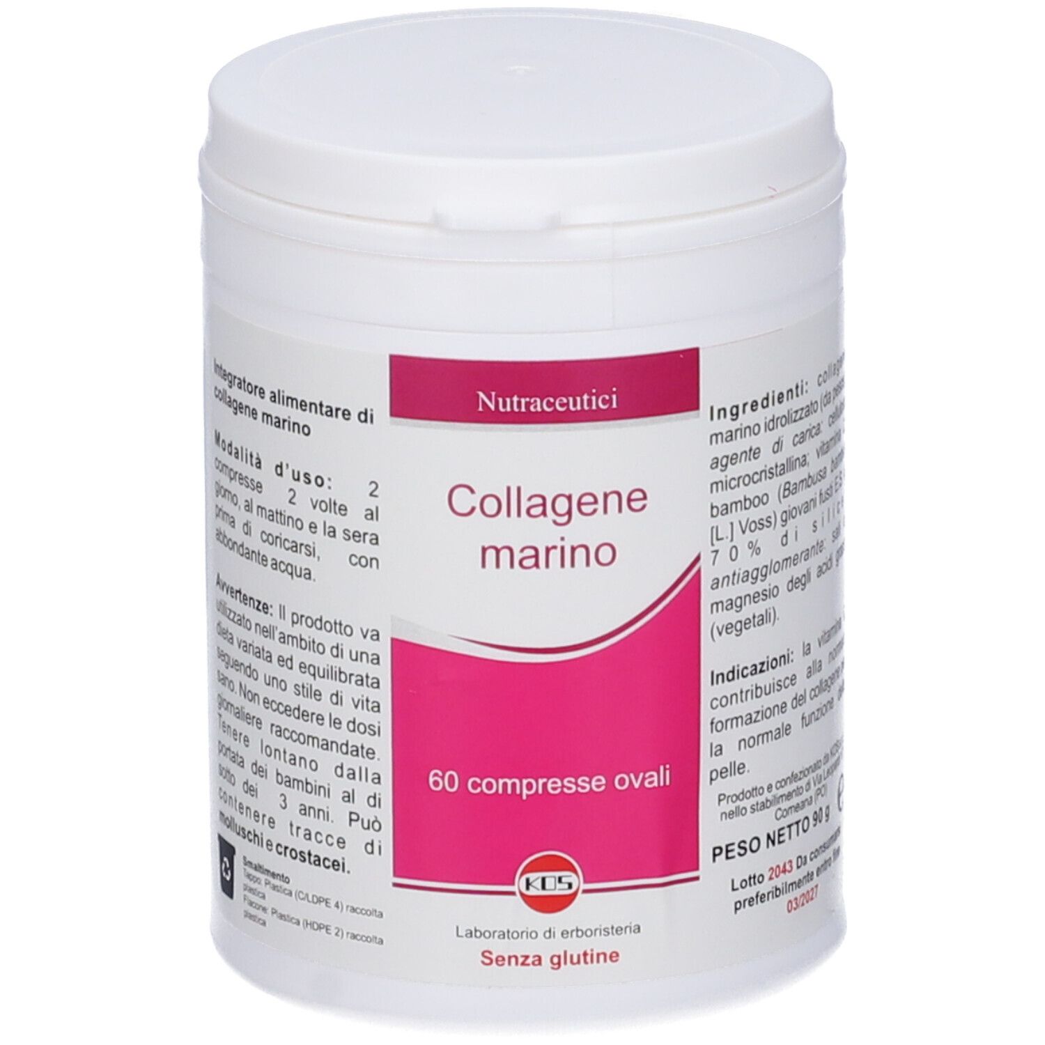 Weißes Tablettenbehälter mit 'Collagen marino'. 60 ovale Tabletten. KOS-Logo. Text: 'Nutraceutici'.