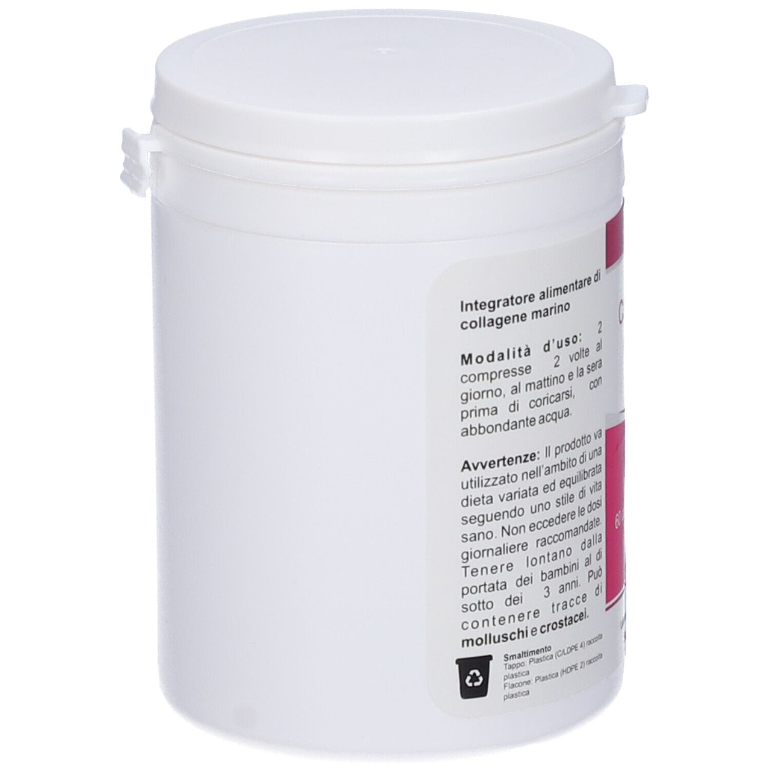 Weißer Tablettenbehälter mit Deckel. Text: 'Collagen marino'. KOS-Logo. 60 ovale Tabletten.