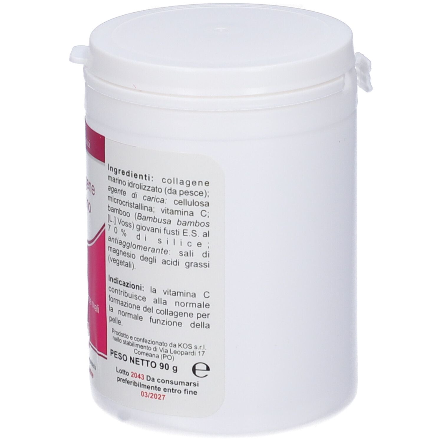 Weißer Tablettenbehälter mit Deckel. Text: 'Collagen marino'. KOS-Logo. 60 ovale Tabletten.