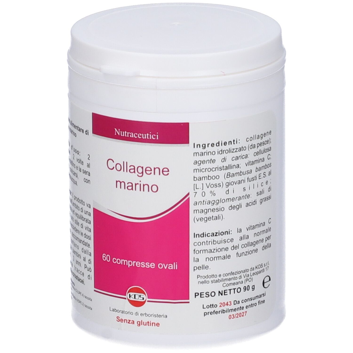 Weißer Tablettenbehälter mit Deckel. Text: 'Collagen marino'. KOS-Logo. 60 ovale Tabletten.