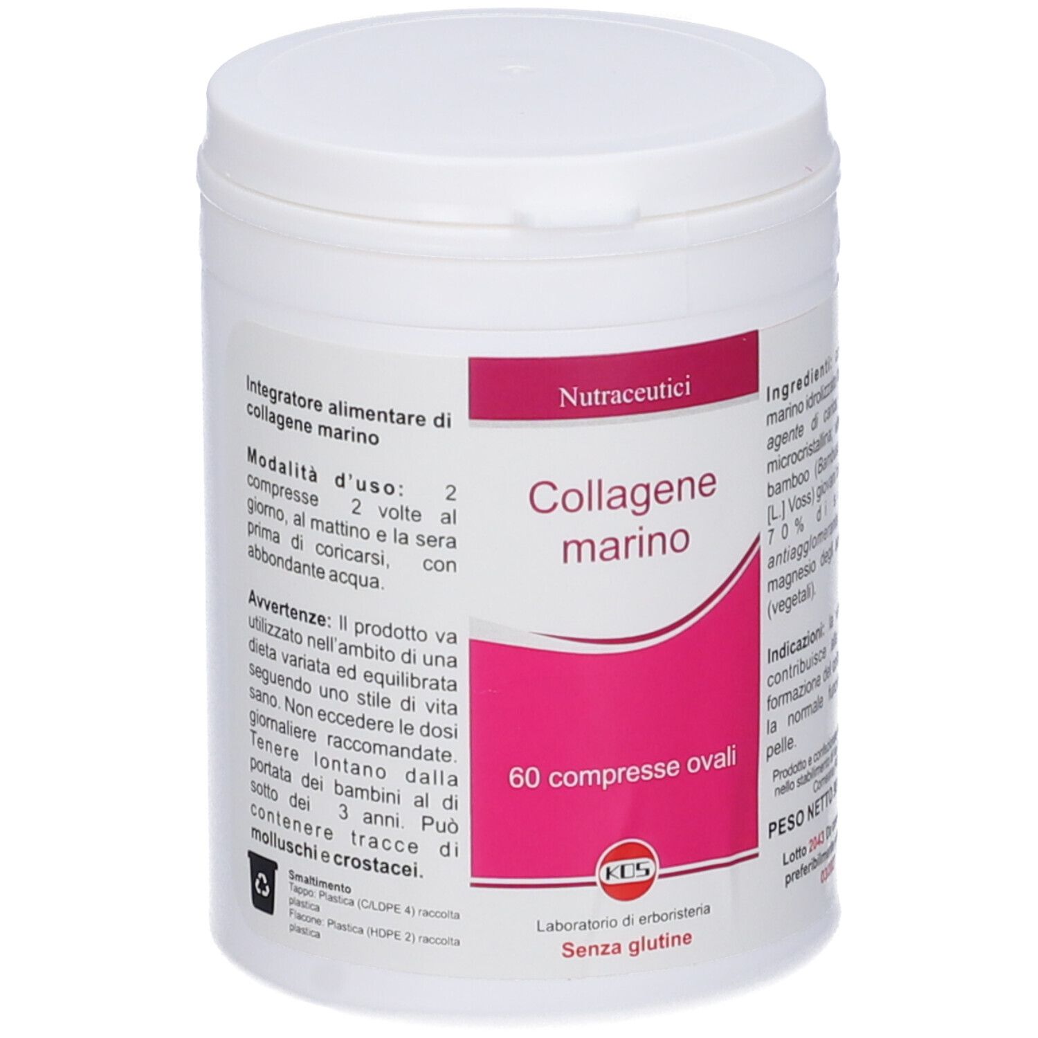 Weißer Tablettenbehälter mit Deckel. Text: 'Collagen marino'. KOS-Logo. 60 ovale Tabletten.