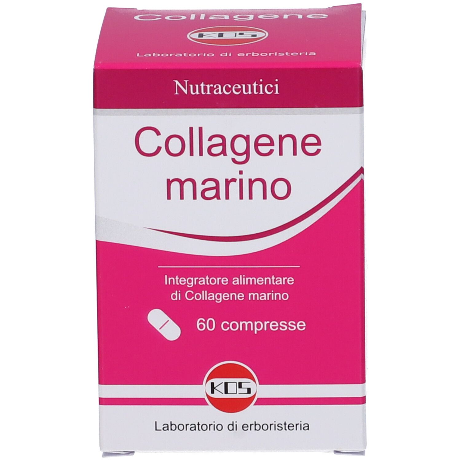 Karton mit 'Collagen marino' Tabletten. 60 Tabletten. KOS-Logo. Rosa-weiße Verpackung.