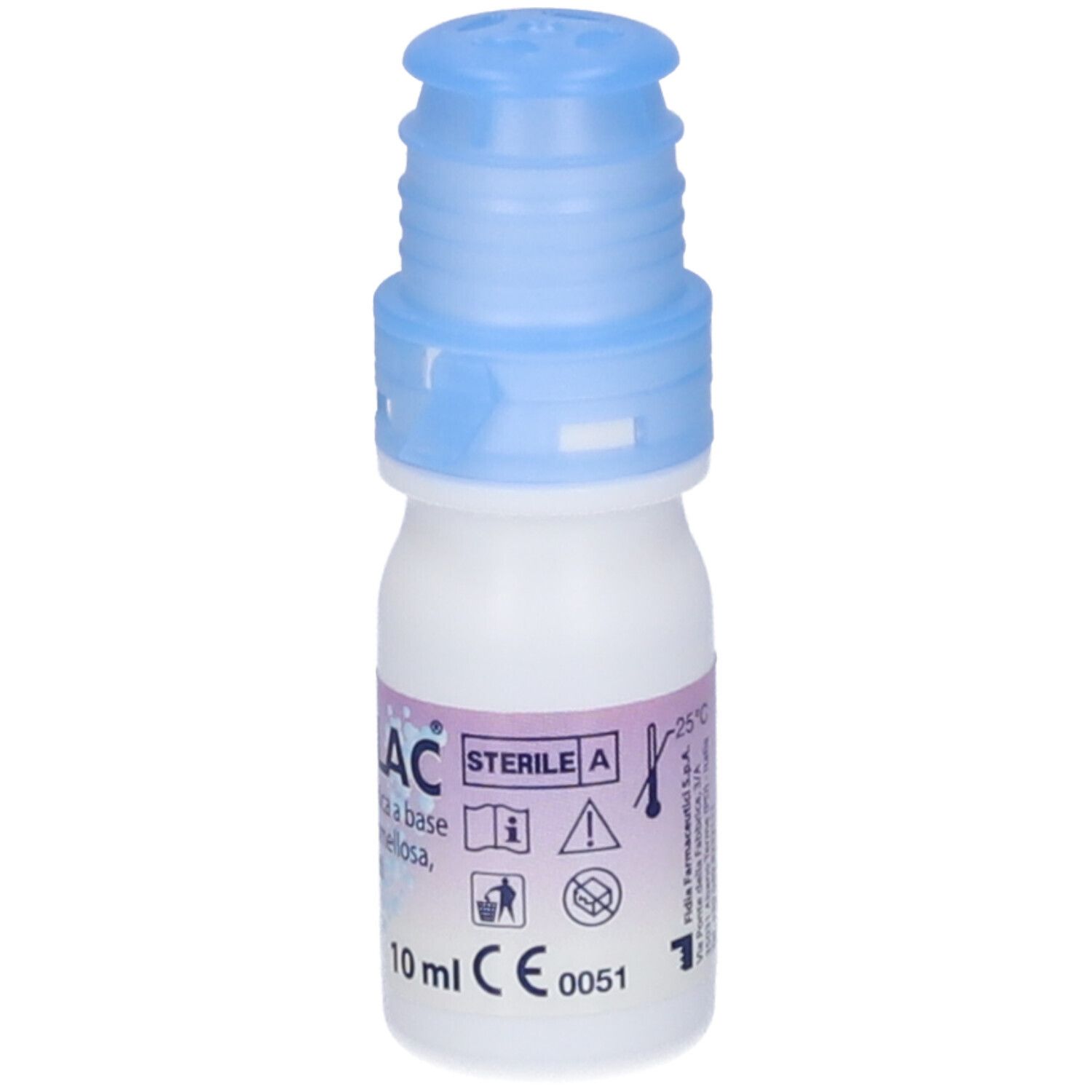 Piccolo flacone bianco con tappo blu. Nome e volume stampati. Contiene informazioni e simboli.