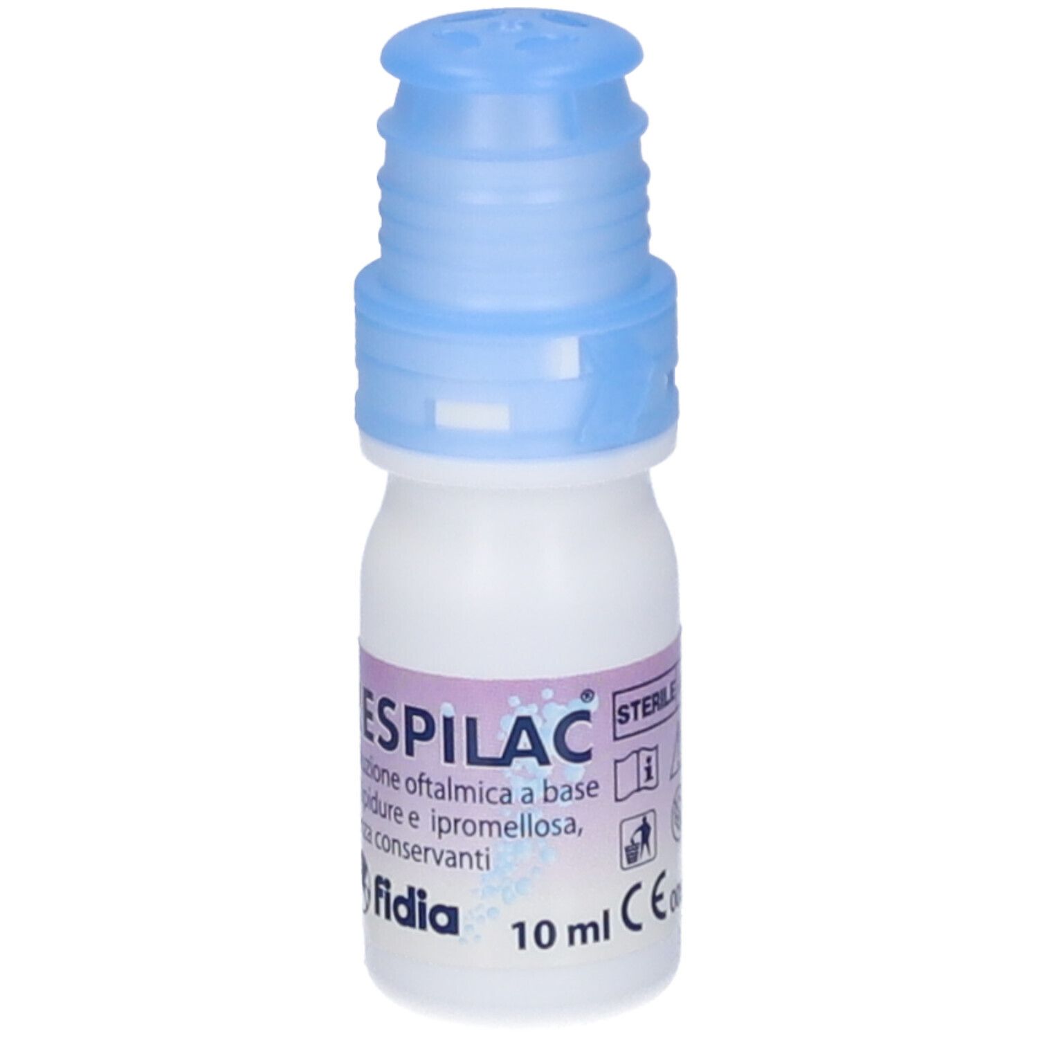 Piccolo flacone bianco con tappo blu. Nome e volume stampati. Contiene informazioni e simboli.