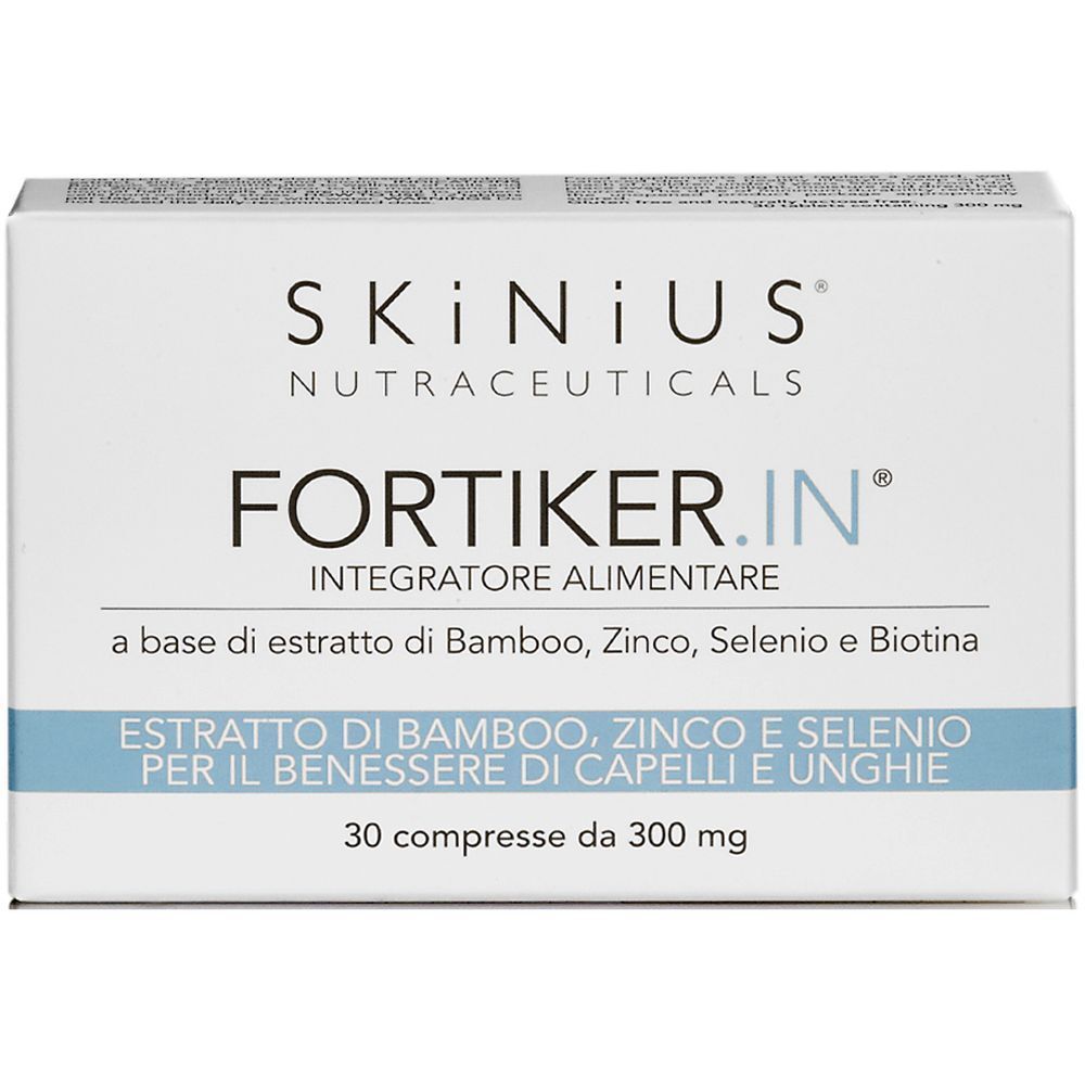 Scatola bianca con scritte blu. Scritto: FORTIKER.IN, Integratore Alimentare. Contiene 30 compresse.