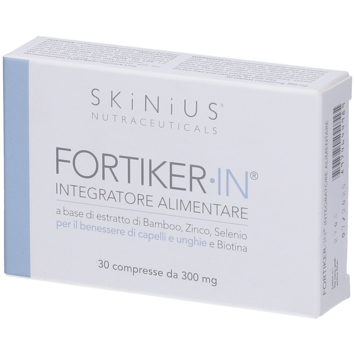 Scatola bianca con scritte blu. Scritto: FORTIKER.IN, Integratore Alimentare. 30 compresse.