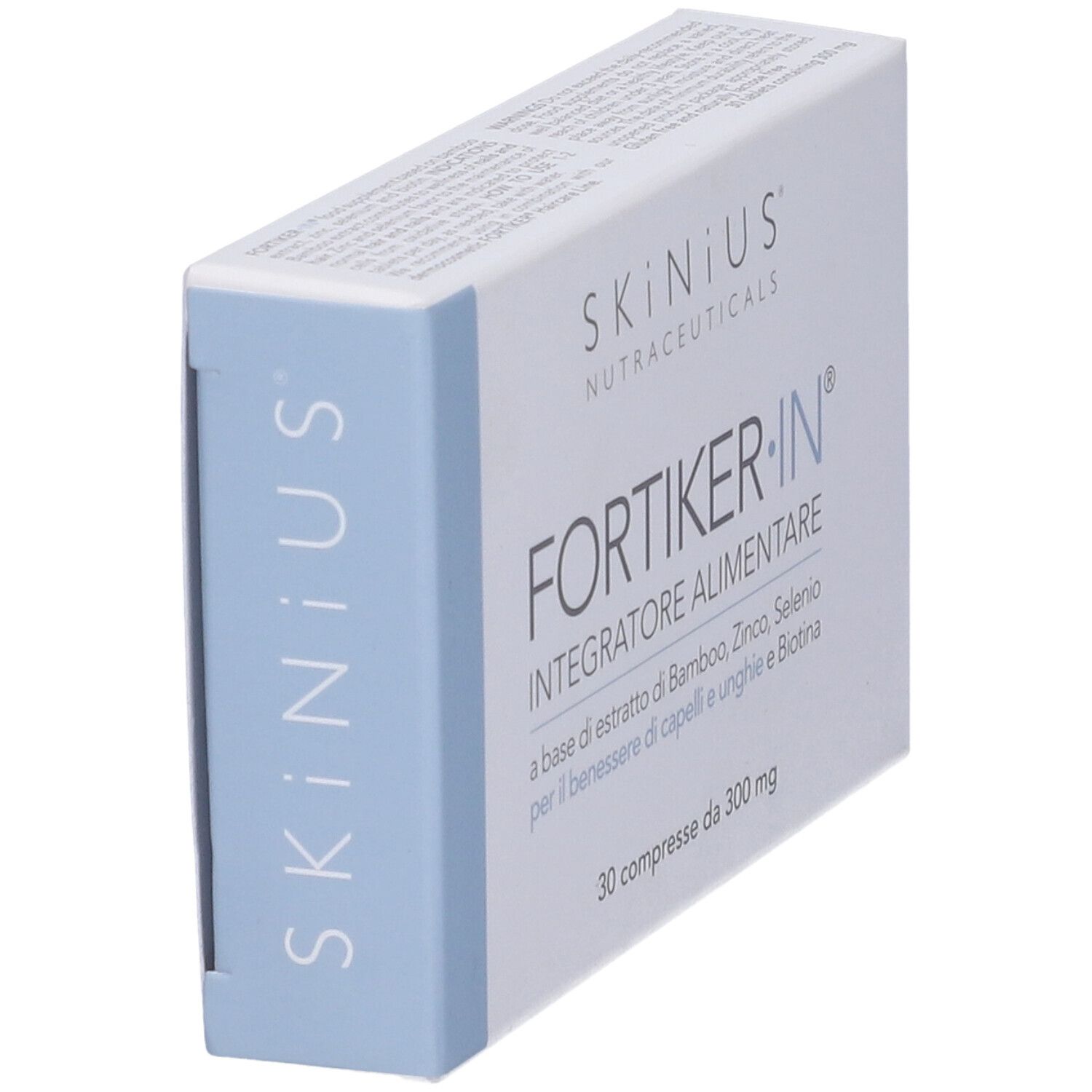 Scatola bianca con scritte blu. Scritto: FORTIKER.IN, Integratore Alimentare. 30 compresse.