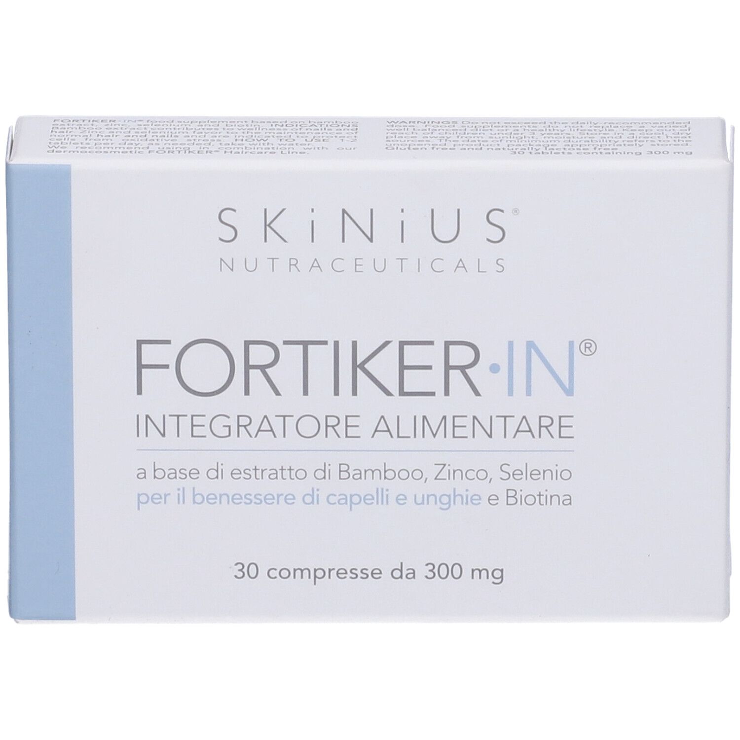 Scatola bianca con scritte blu. Scritto: FORTIKER.IN, Integratore Alimentare. 30 compresse.