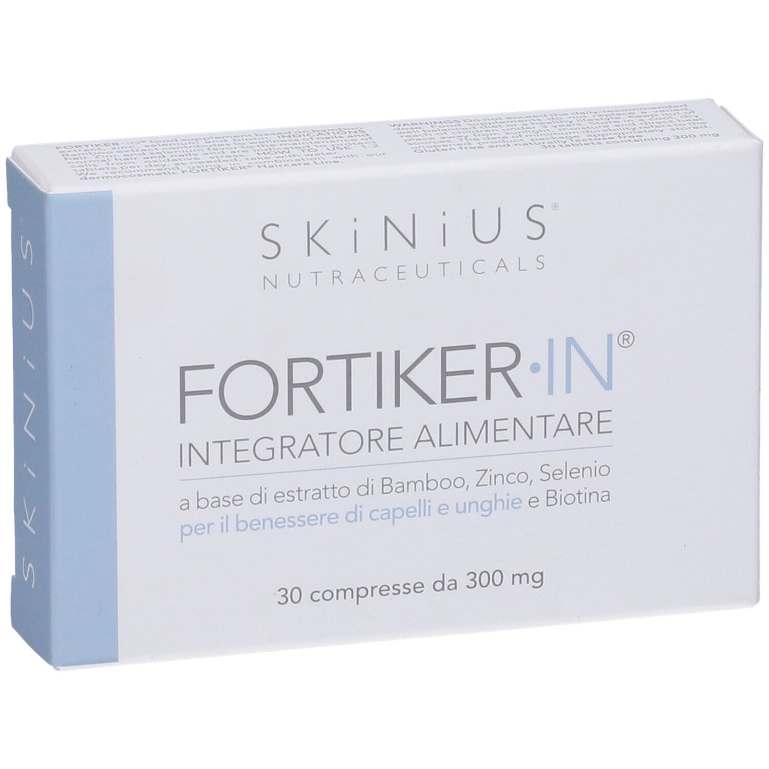 Scatola bianca con scritte blu. Scritto: FORTIKER.IN, Integratore Alimentare. 30 compresse.