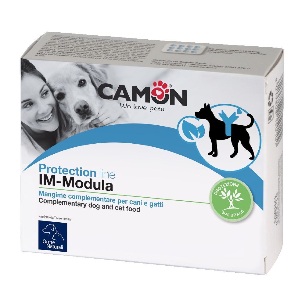 Karton mit Produktaufdrucken. Marke CAMON, Produktname IM-Modula. Abbildung von Hund und Katze. Text in italienischer Sprache.