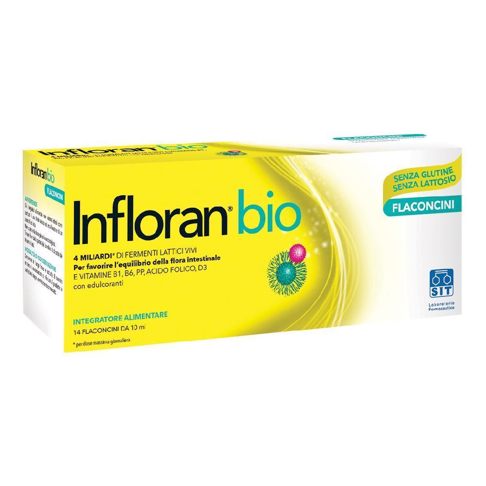 Scatola gialla "Infloran bio" con 14 flaconcini. Scritto: Senza glutine, senza lattosio.