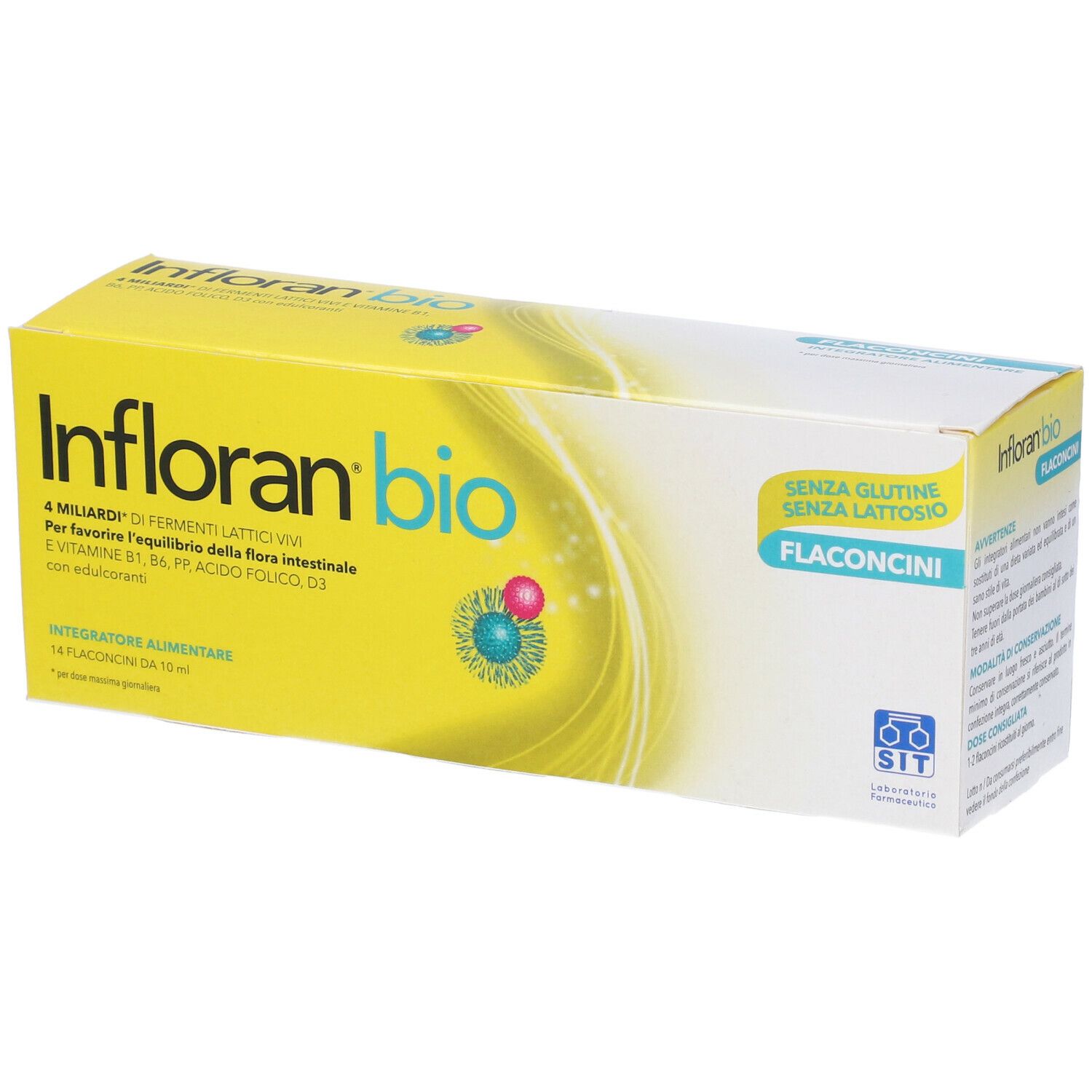 Scatola gialla "Infloran bio" con 14 flaconcini. Scritto: Senza glutine, senza lattosio.