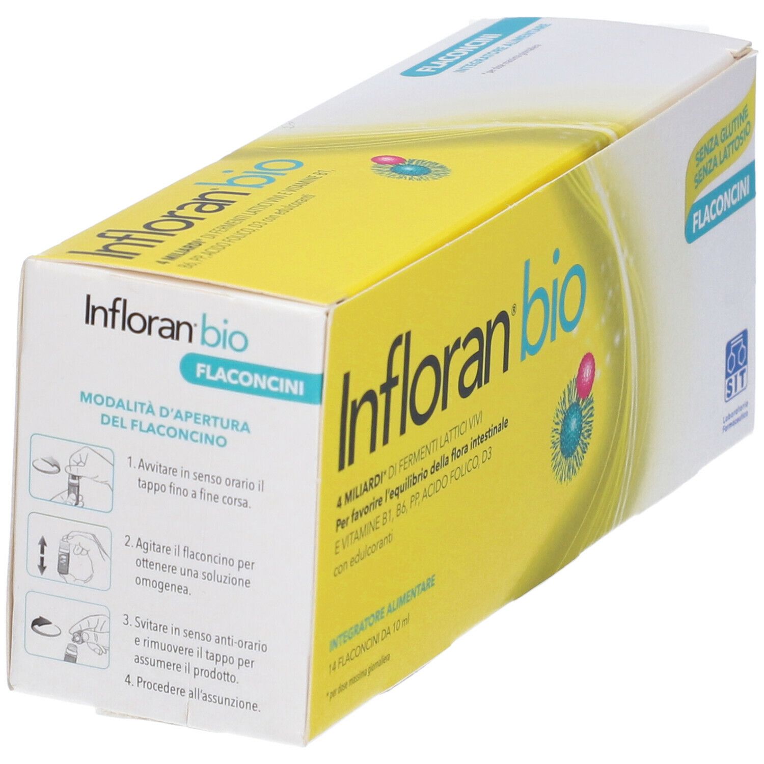 Scatola "Infloran bio" con istruzioni per aprire i flaconcini. Gialla e bianca.