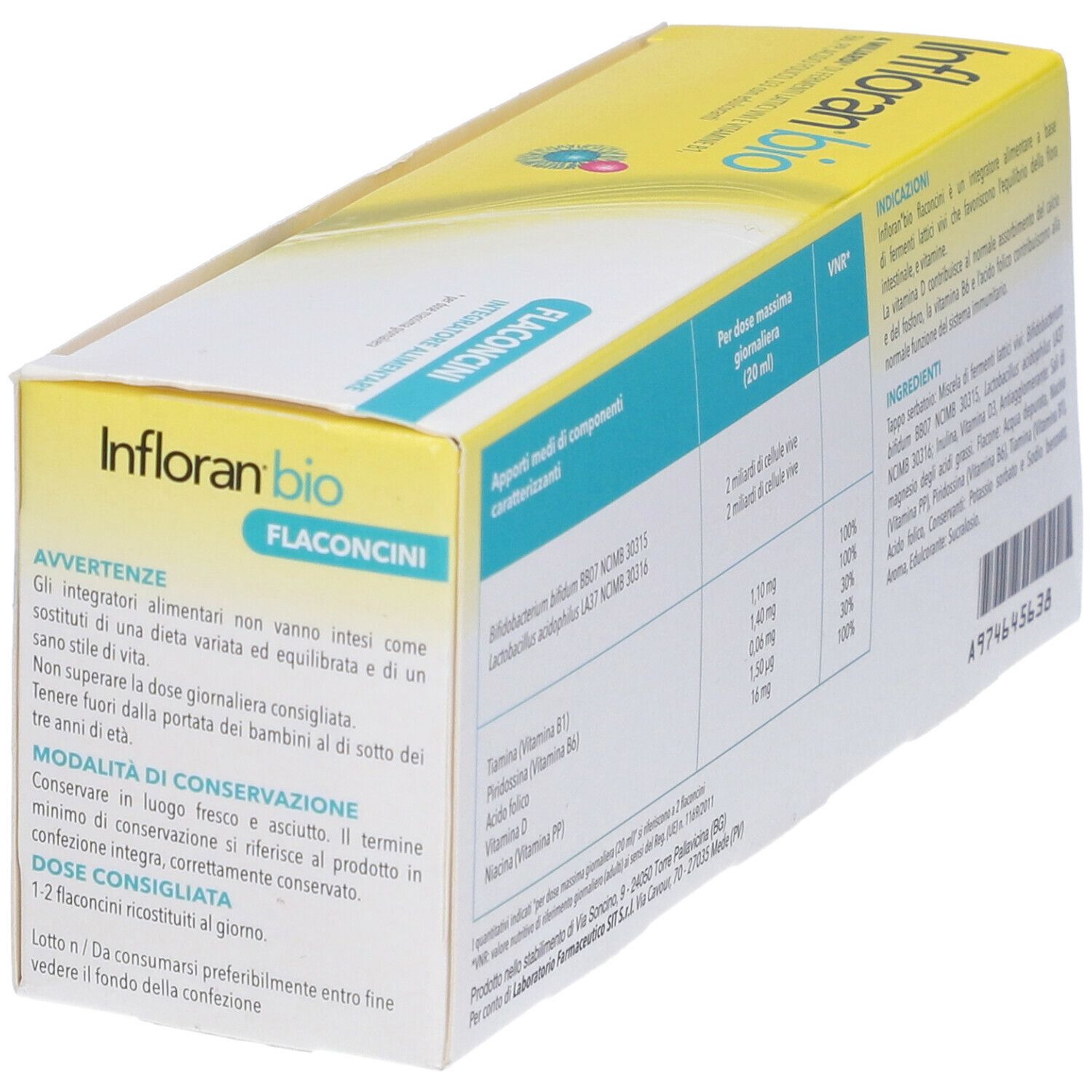 Retro della scatola "Infloran bio". Contiene informazioni sugli ingredienti e avvertenze.