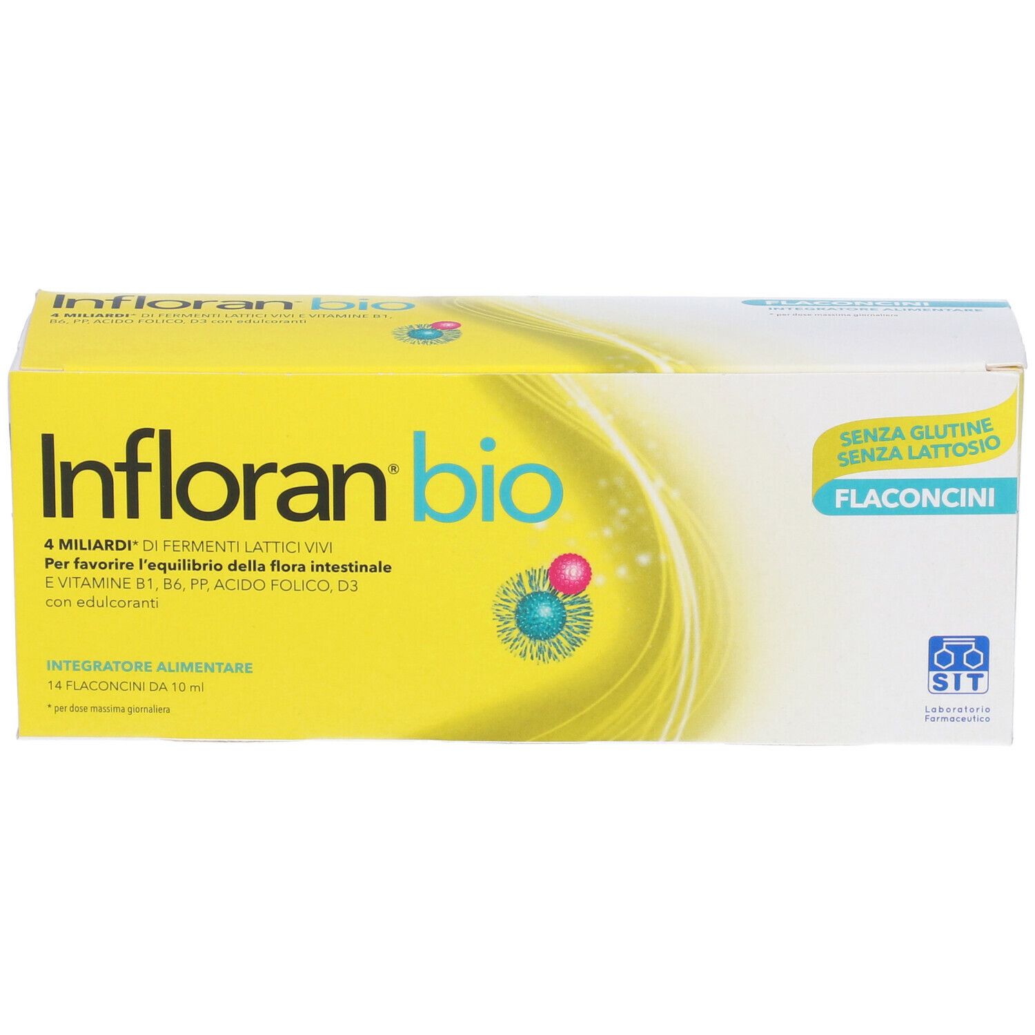 Scatola gialla "Infloran bio" con 14 flaconcini. Scritto: Senza glutine, senza lattosio.