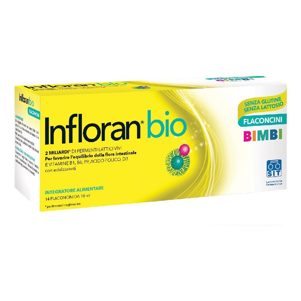 Scatola gialla Infloran bio, 14 flaconcini. Contiene vitamine, senza glutine e lattosio. Per bambini.