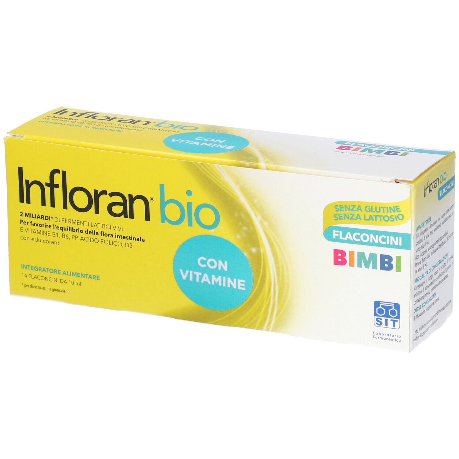 Scatola gialla Infloran bio, 14 flaconcini. Contiene vitamine, senza glutine e lattosio. Per bambini.