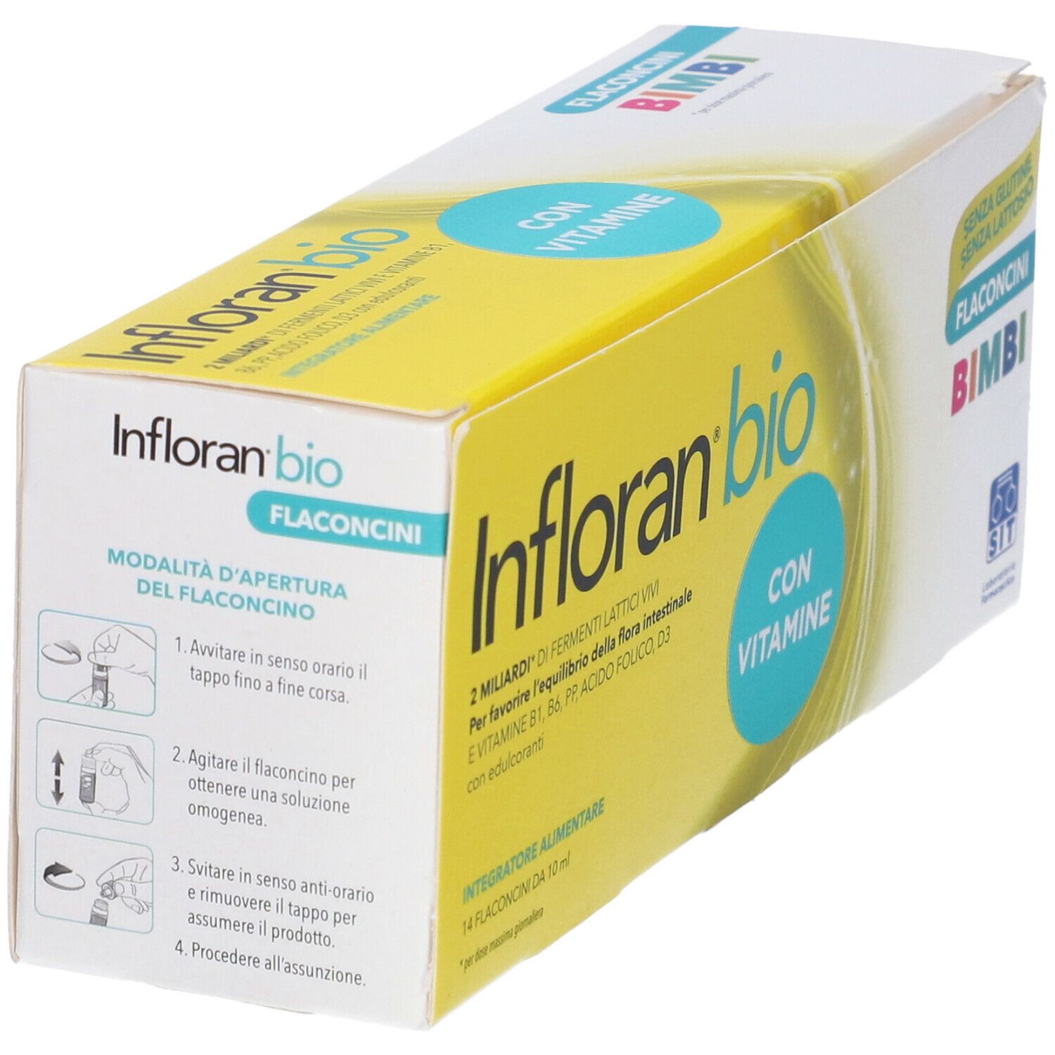 Scatola gialla Infloran bio, 14 flaconcini. Contiene vitamine, senza glutine e lattosio. Per bambini.