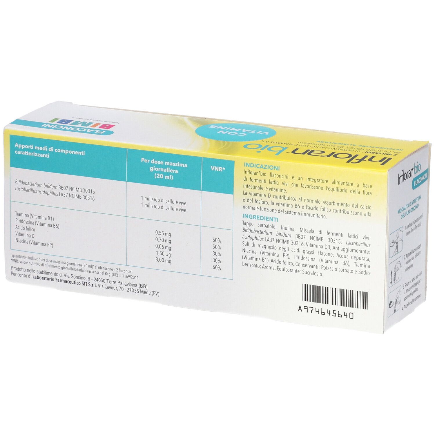 Scatola gialla Infloran bio, 14 flaconcini. Contiene vitamine, senza glutine e lattosio. Per bambini.