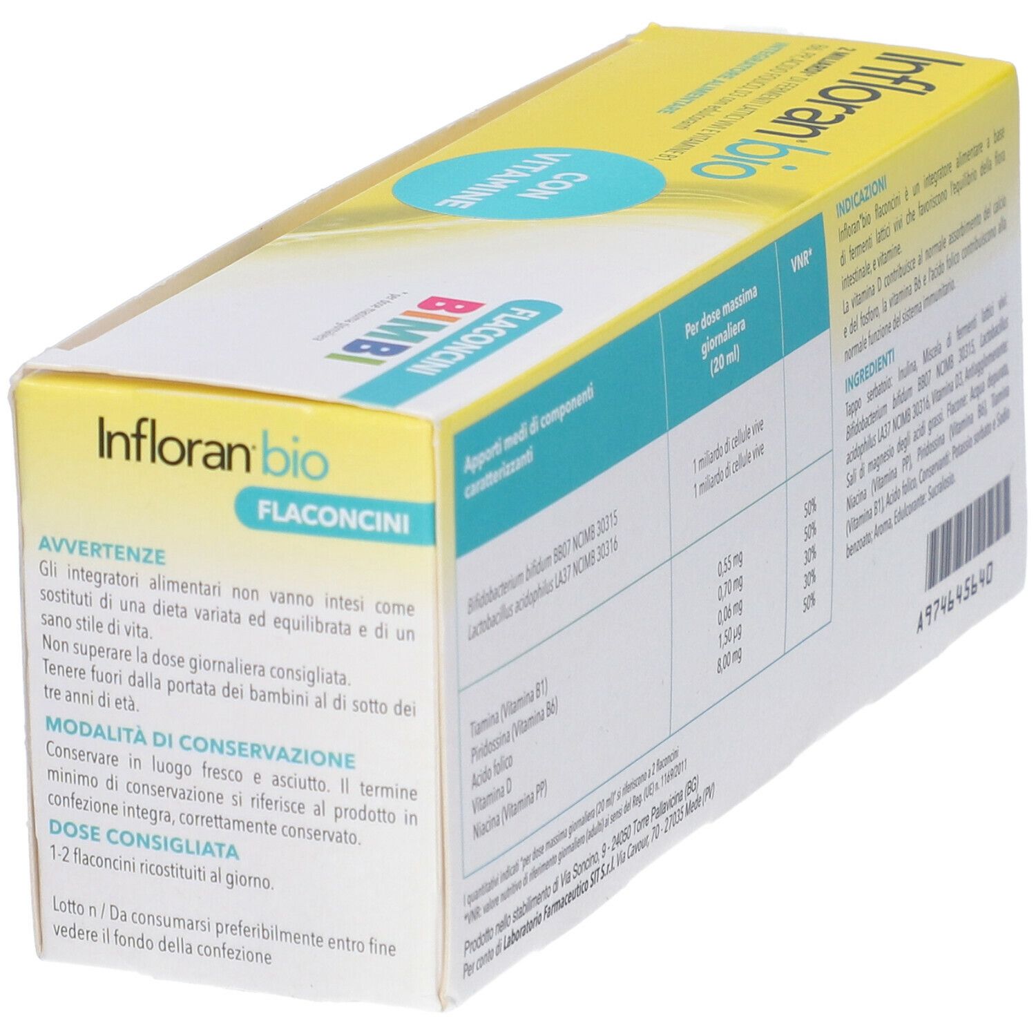 Scatola gialla Infloran bio, 14 flaconcini. Contiene vitamine, senza glutine e lattosio. Per bambini.