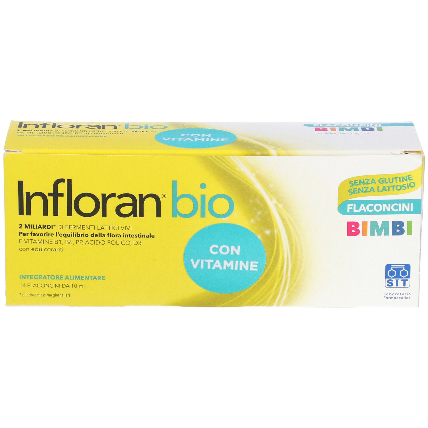Scatola gialla Infloran bio, 14 flaconcini. Contiene vitamine, senza glutine e lattosio. Per bambini.