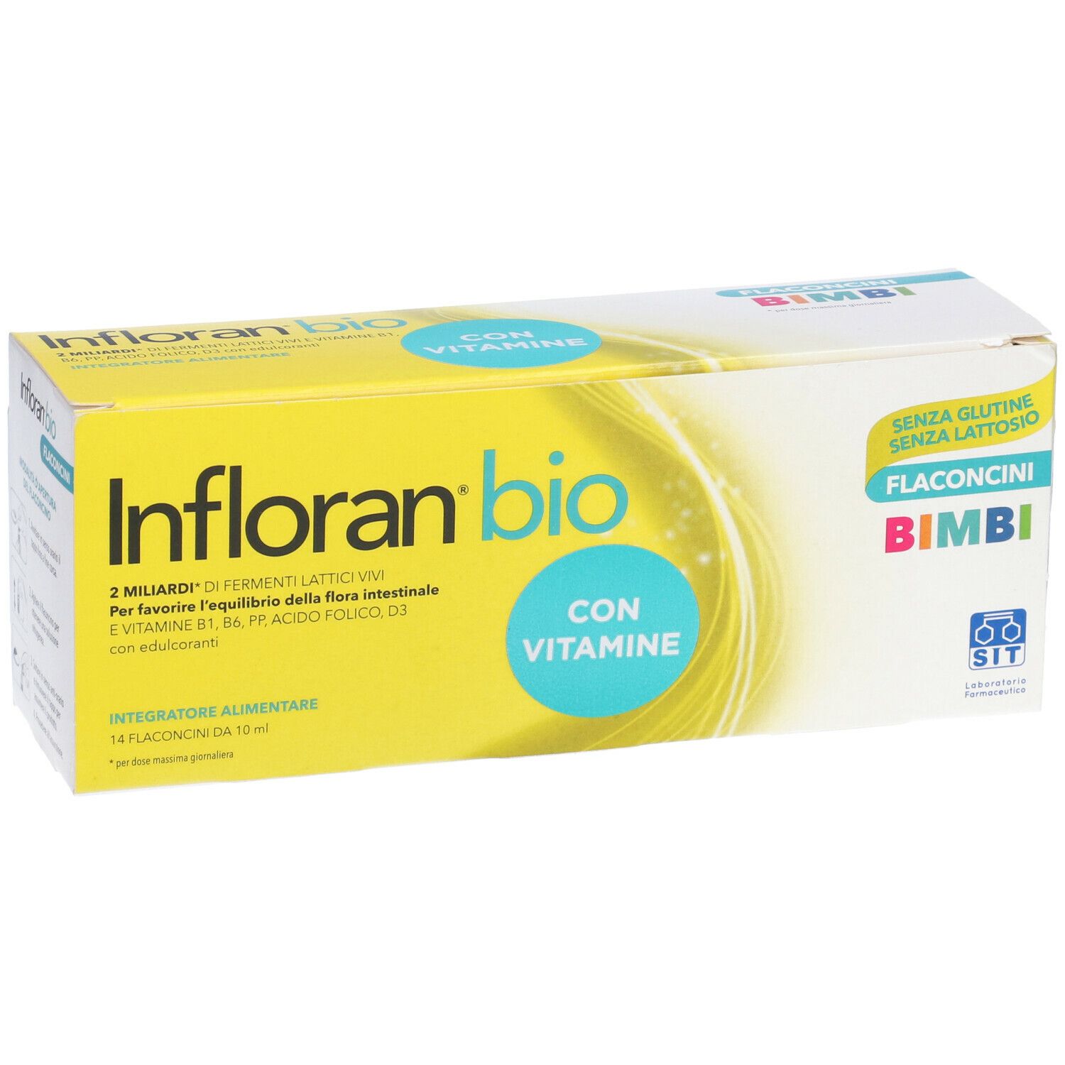 Scatola gialla Infloran bio, 14 flaconcini. Contiene vitamine, senza glutine e lattosio. Per bambini.