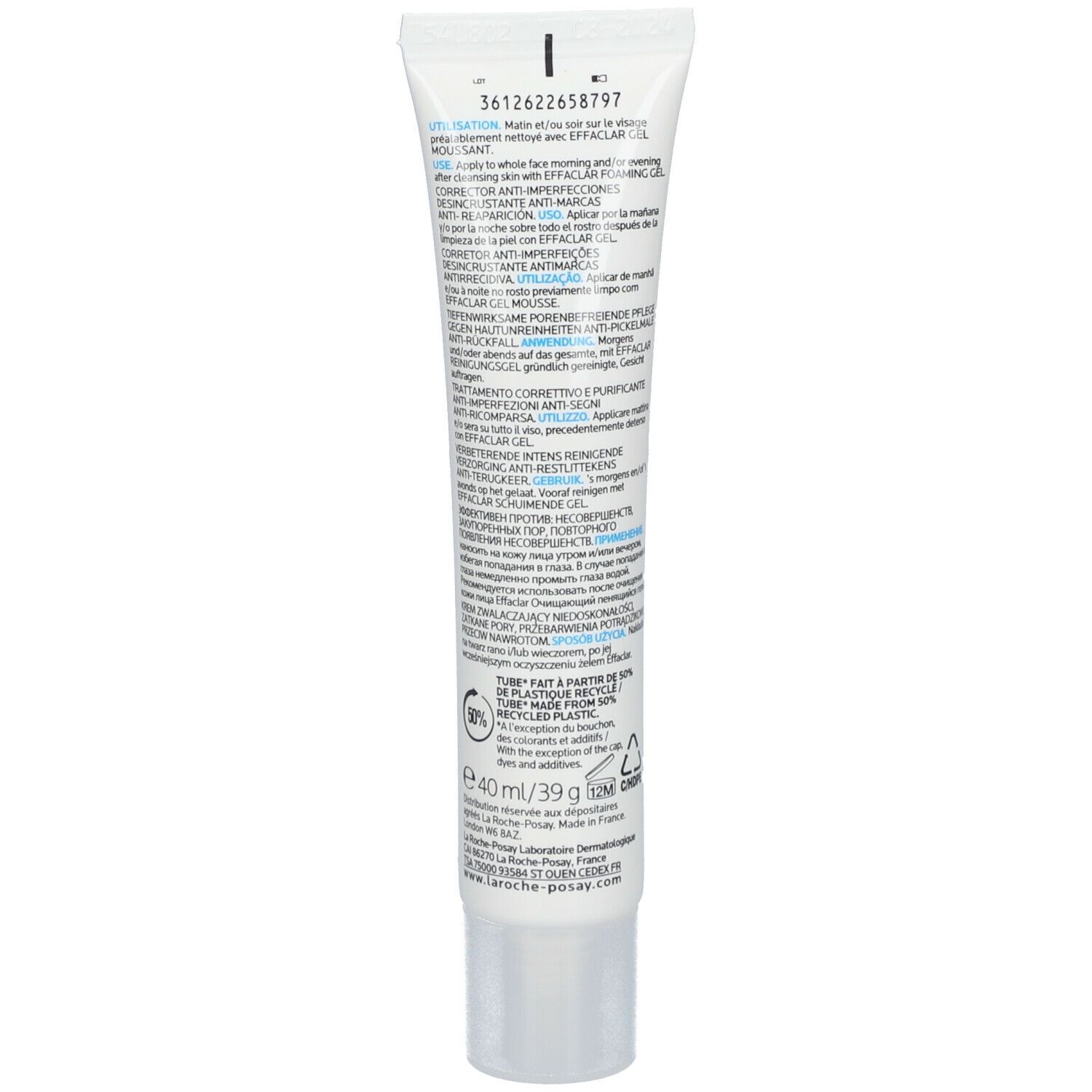 Retro del tubo EFFACLAR DUO[+]. Testo e ingredienti. 40 ml.