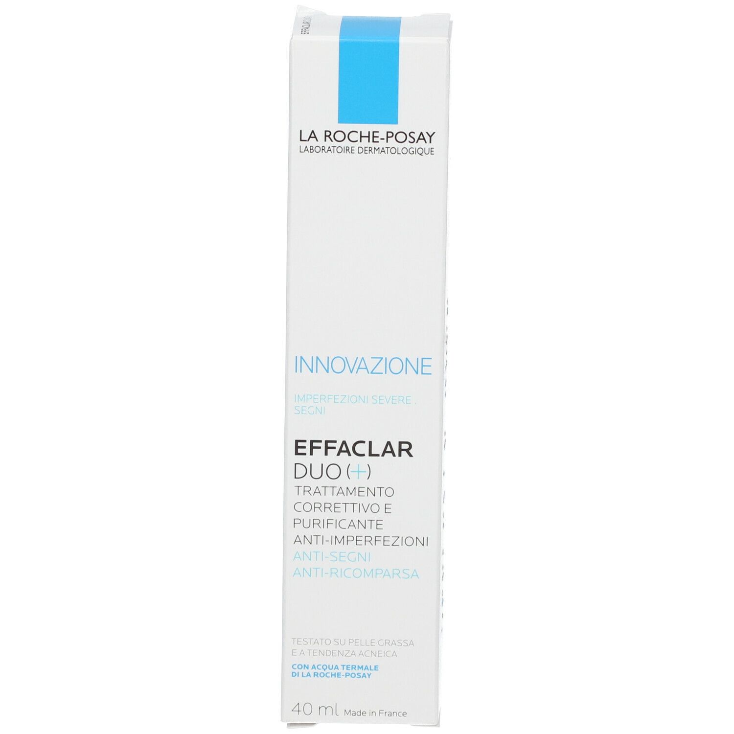 Scatola EFFACLAR DUO[+]. Testo e logo. 40 ml.