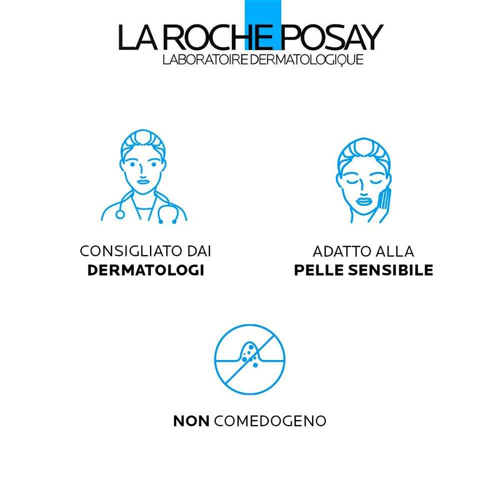 Grafico con simboli. Consigliato dai dermatologi, adatto alla pelle sensibile, non comedogeno.
