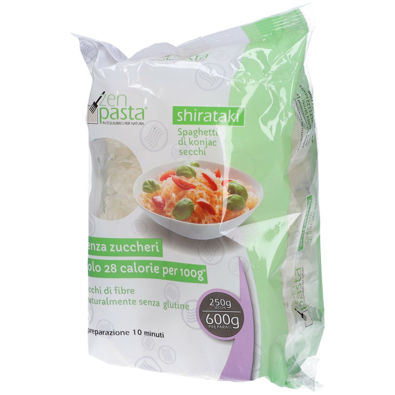 Confezione di Spaghetti di Konjac Secchi. Visibile: logo, nome prodotto, informazioni nutrizionali, 250g/600g.