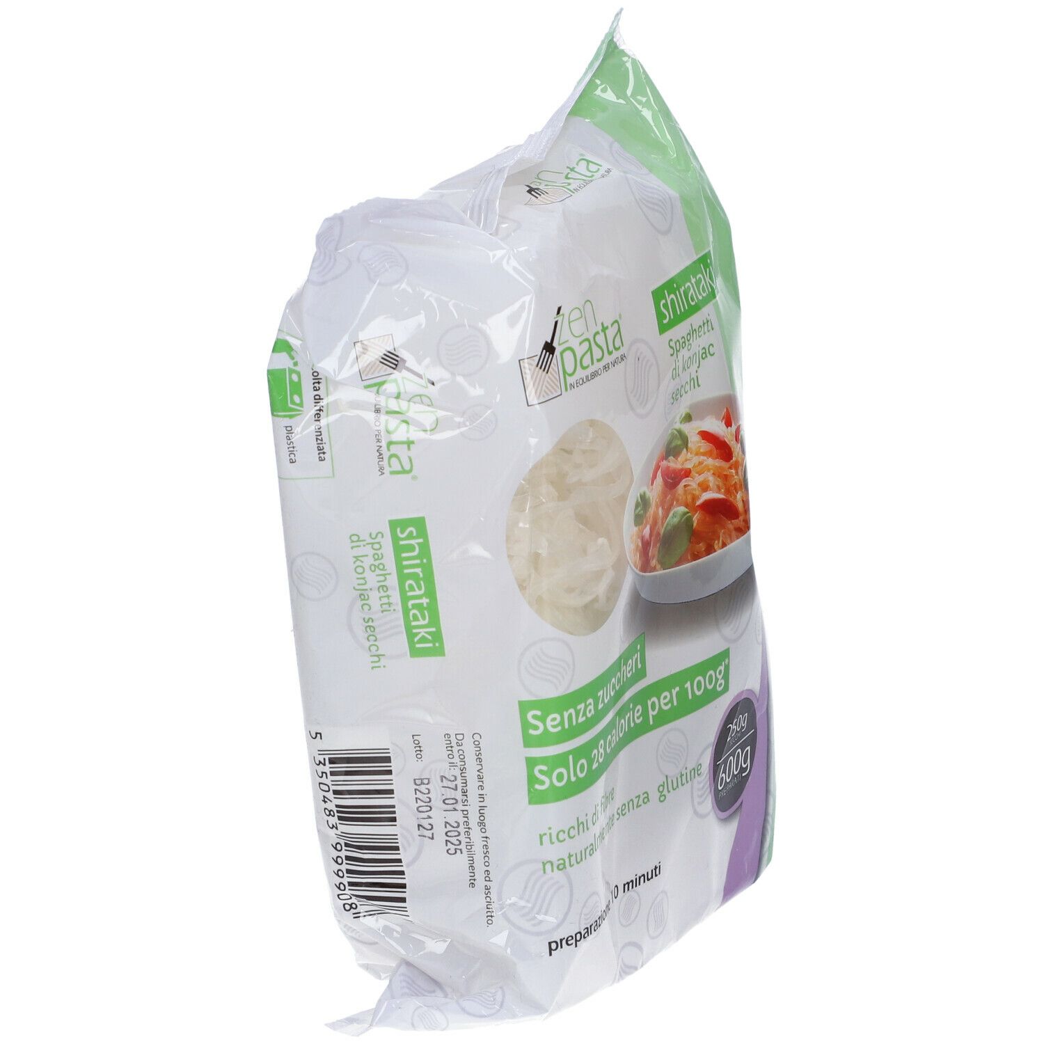 Confezione di Spaghetti di Konjac Secchi. Visibile: logo, nome prodotto, informazioni nutrizionali, 250g/600g.