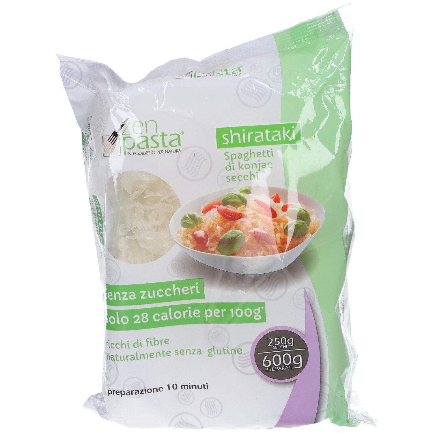 Confezione di Spaghetti di Konjac Secchi. Visibile: logo, nome prodotto, informazioni nutrizionali, 250g/600g.