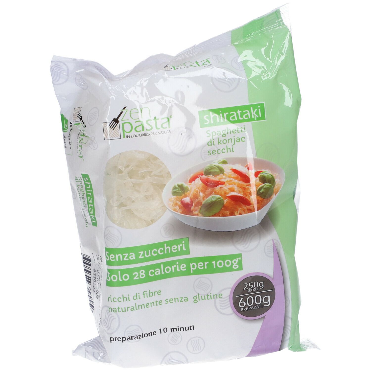 Confezione di Spaghetti di Konjac Secchi. Visibile: logo, nome prodotto, informazioni nutrizionali, 250g/600g.