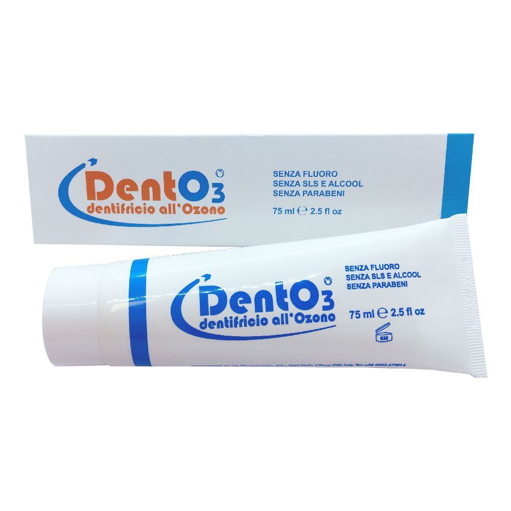 Tubo e scatola di dentifricio. Scritto: DentoO3, dentifricio all'Ozono. Senza fluoro, SLS e alcool, senza parabeni.
