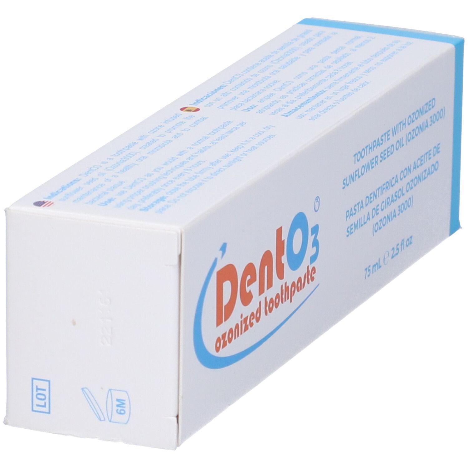Scatola di dentifricio. Scritto: DentoO3, ozonized toothpaste. Con olio di semi di girasole ozonizzato (Ozono 3000).